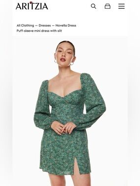 Aritzia Green Floral Puff-Sleeve Mini Dress